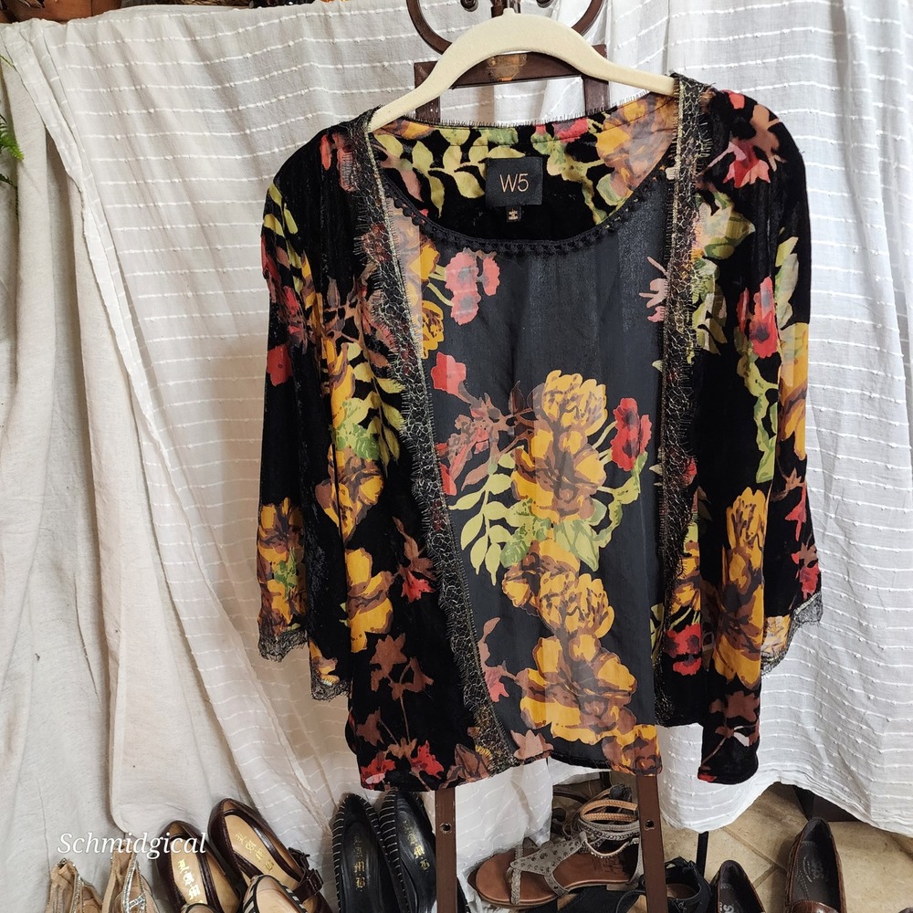 W5 Floral Burnout Velvet Kimono Cardigan Black Lace Trim Sheer Open Front Large